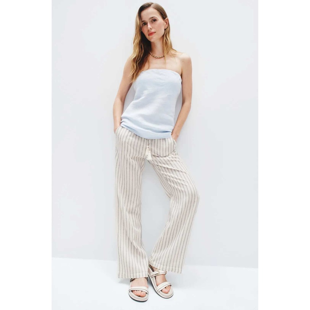 Ellen Tracy Striped Wide Leg Linen Blend Pants Cream Navy Blue Tassel Size Med